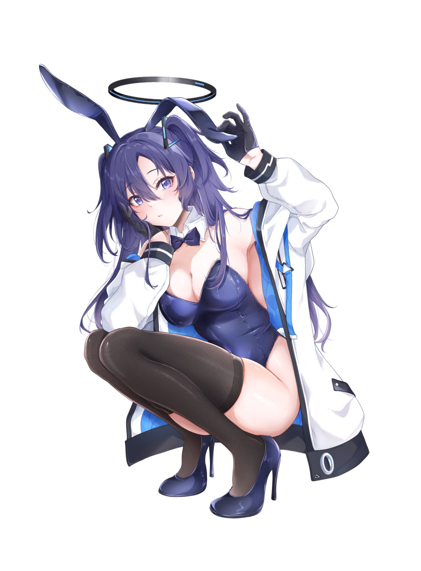1girl alternate_costume animal_ears black_halo black_thighhighs blue_archive blue_bow blue_bowtie blue_eyes blue_footwear blue_leotard bow bowtie commentary detached_collar fake_animal_ears full_body halo highres jacket leotard long_hair looking_at_viewer open_clothes open_jacket playboy_bunny rabbit_ears shoes solo squatting thighhighs thighs two_side_up white_jacket yoru0409 yuuka_(blue_archive)