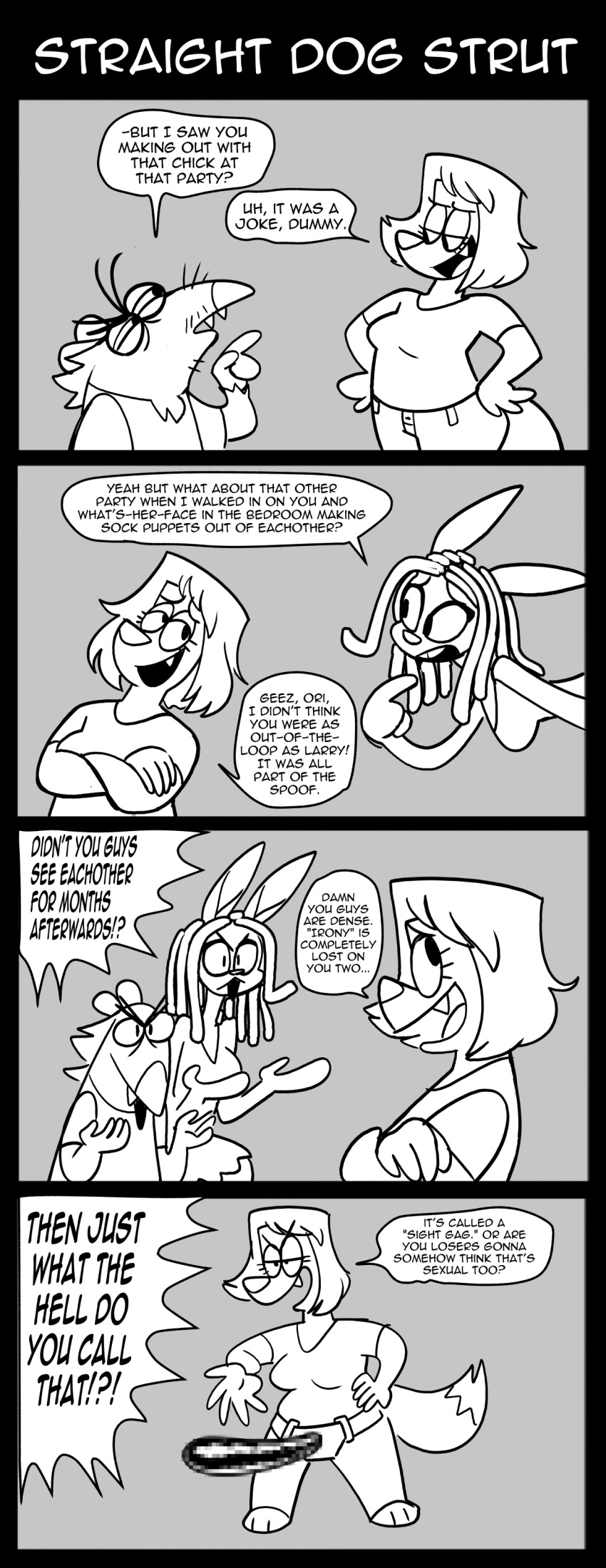 4_panel_comic 4koma absurd_res american_opossum canid canine canis censored comic crossed_arms domestic_dog english_text female galactabee group hi_res humor ineffective_censorship lagomorph larry_(galactabee) leporid male mammal marsupial monochrome mosaic_censorship nikki_(galactabee) orianna_(galactabee) rabbit speech_bubble stated_heterosexuality stated_sexuality strapon text trio