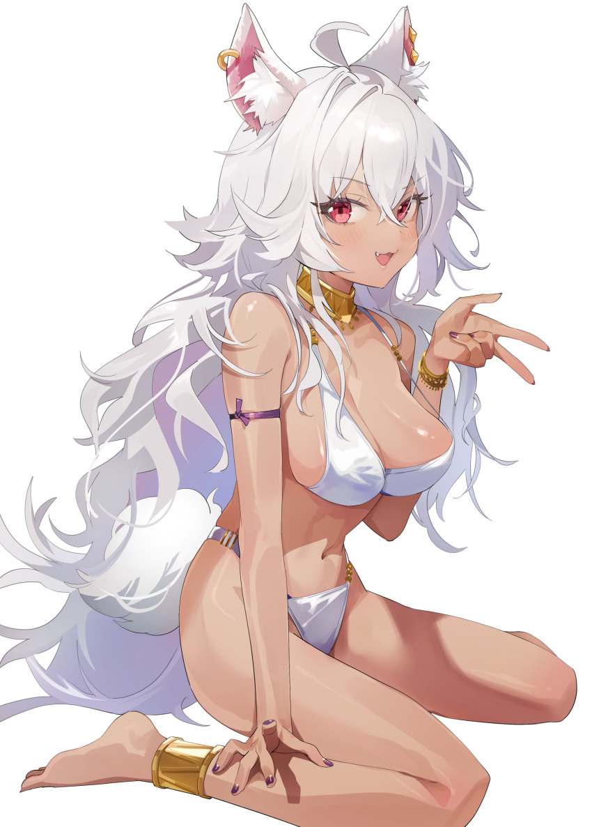 1girl :3 absurdres animal_ear_fluff animal_ears armlet barefoot bikini blush bracelet breasts choker earrings fang highres jewelry large_breasts long_hair looking_at_viewer navel open_mouth original red_eyes simple_background sitting smile solo swimsuit tail v very_long_hair wariza white_background white_bikini white_hair yanyo_(ogino_atsuki)