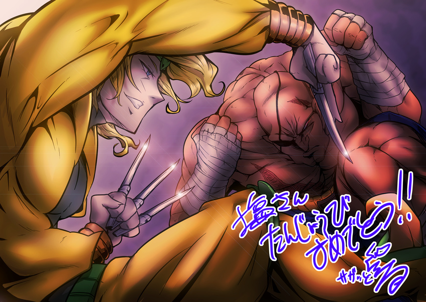 ankle_wrap bald battle blonde_hair blue_eyes crossover dio_brando dual_wielding duel eyepatch grin headband holding jojo_no_kimyou_na_bouken knife male_focus multiple_boys muscle sagat sagattoru scar shirtless smile street_fighter