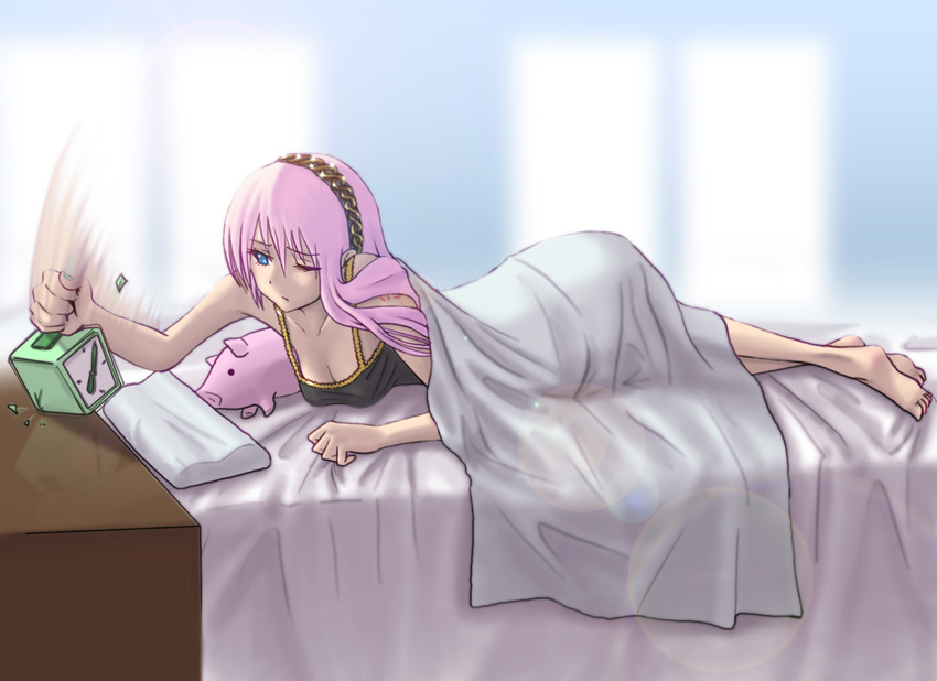 barefoot bed blue_eyes clock hadairo_rainbow lens_flare long_hair megurine_luka one_eye_closed pig pink_hair sleepy solo stuffed_animal stuffed_pig stuffed_toy very_long_hair vocaloid