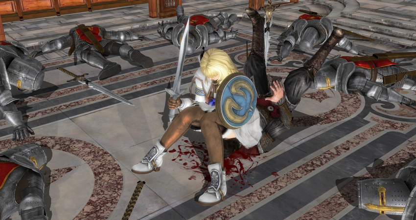 3d assassin's_creed blonde_hair blood cesare_borgia gloves green_eyes hair_ornament highres long_hair pyrrha_alexandra shield sitting sitting_on_face skirt soul_calibur soulcalibur_v sword thigh_boots thighhighs weapon xnalara