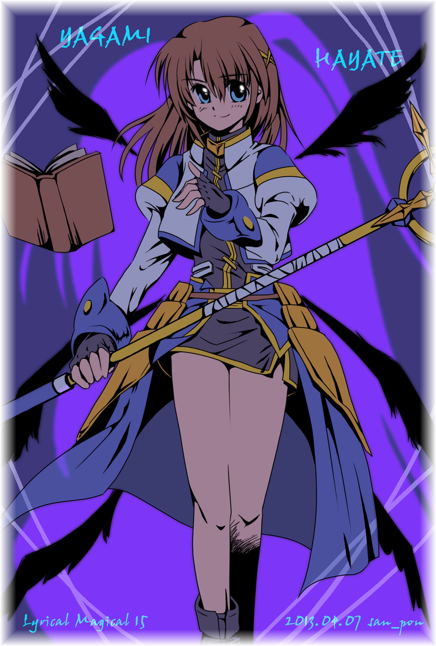 blue_eyes book brown_hair character_name dated fingerless_gloves gloves hair_ornament hat highres long_sleeves lyrical_nanoha mahou_senki_lyrical_nanoha_force multiple_wings puffy_sleeves san-pon schwertkreuz skirt smile solo tome_of_the_night_sky wings x_hair_ornament yagami_hayate