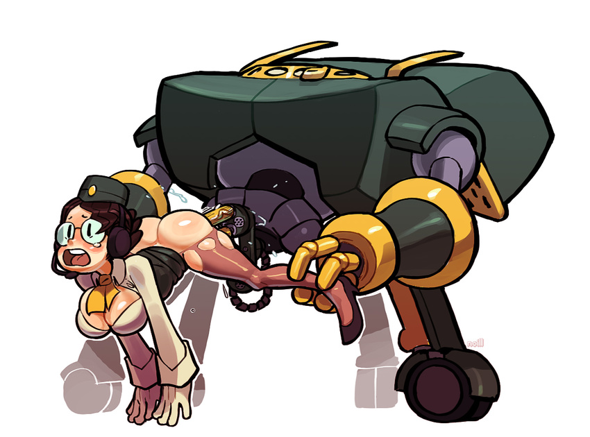 ass bad_id bad_tumblr_id blush breasts cleavage double_penetration garrison_cap glasses hat headset large_breasts mecha mecha_on_girl molly_(skullgirls) noill pantyhose sex skullgirls solo_focus tears torn_clothes torn_legwear uniform