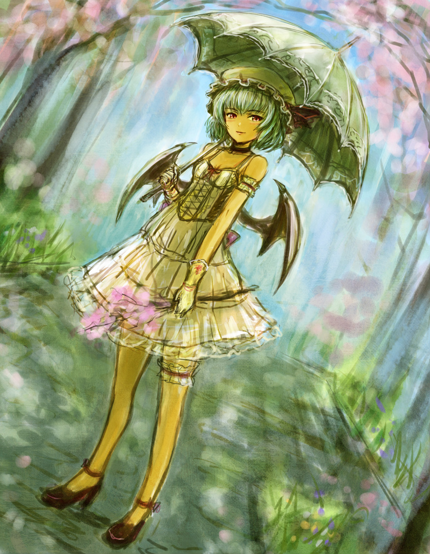 bat_wings blue_hair cherry_blossoms choker dress gloves hat hat_ribbon high_heels highres leg_garter looking_at_viewer oil_painting_(medium) parasol red_eyes red_footwear remilia_scarlet ribbon shoes sleeveless sleeveless_dress solo tafuto touhou tree twig umbrella white_dress white_gloves wings