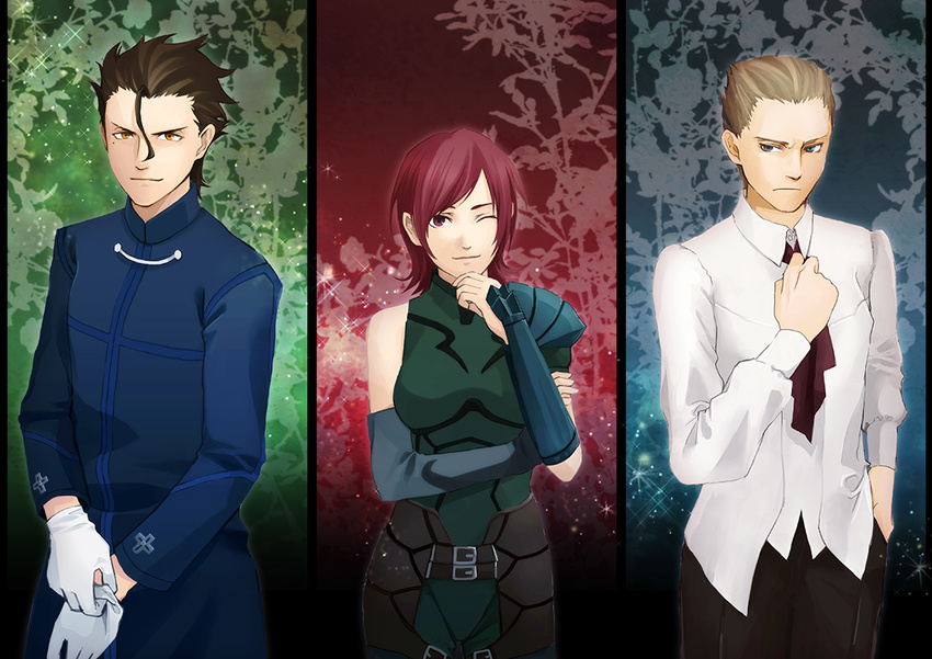 2boys ahoge bad_id bad_pixiv_id black_hair blonde_hair blue_eyes bow cosplay costume_switch fate/zero fate_(series) gloves kayneth_el-melloi_archibald kayneth_el-melloi_archibald_(cosplay) lancer_(fate/zero) lancer_(fate/zero)_(cosplay) mole mole_under_eye multiple_boys one_eye_closed red_eyes red_hair short_hair sola-ui_nuada-re_sophia-ri sola-ui_nuada-re_sophia-ri_(cosplay) tierra818 white_gloves