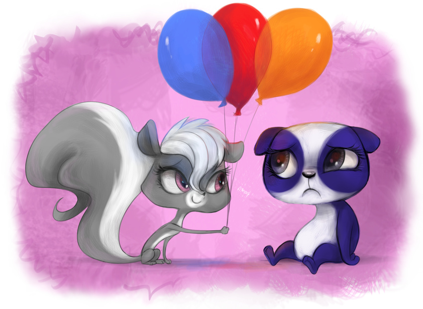 balloons bear blue_eyes blue_fur duo female fur gift grey_fur littlest_pet_shop mammal mn27 panda penny_ling pepper_clark purple_eyes sad skunk smile white_fur