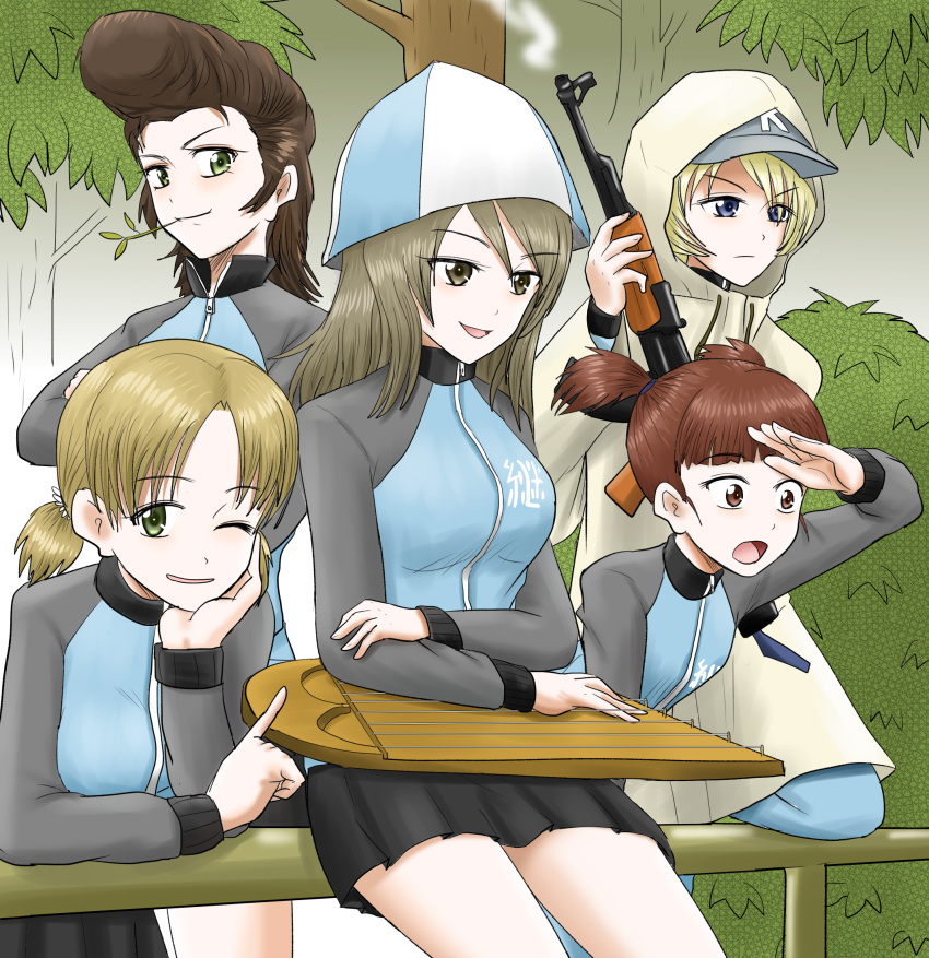 5girls aki_(girls_und_panzer) baseball_cap black_skirt blonde_hair blue_eyes blue_headwear blue_jacket blunt_bangs brown_eyes brown_hair closed_mouth coat commentary crossed_arms frown girls_und_panzer green_eyes gun hair_tie harukai-i hat highres holding holding_gun holding_instrument holding_weapon hood hood_up hooded_coat instrument jacket kantele keizoku_military_uniform leaning_forward light_brown_hair long_hair long_sleeves looking_at_viewer looking_to_the_side low_twintails mika_(girls_und_panzer) mikko_(girls_und_panzer) military_uniform miniskirt mouth_hold multiple_girls one_eye_closed open_mouth pleated_skirt pointing pompadour raglan_sleeves red_eyes red_hair rifle shading_eyes short_hair short_twintails sitting skirt smile stalk_in_mouth standing track_jacket tulip_hat twintails uniform weapon white_coat youko_(girls_und_panzer) yuri_(girls_und_panzer)