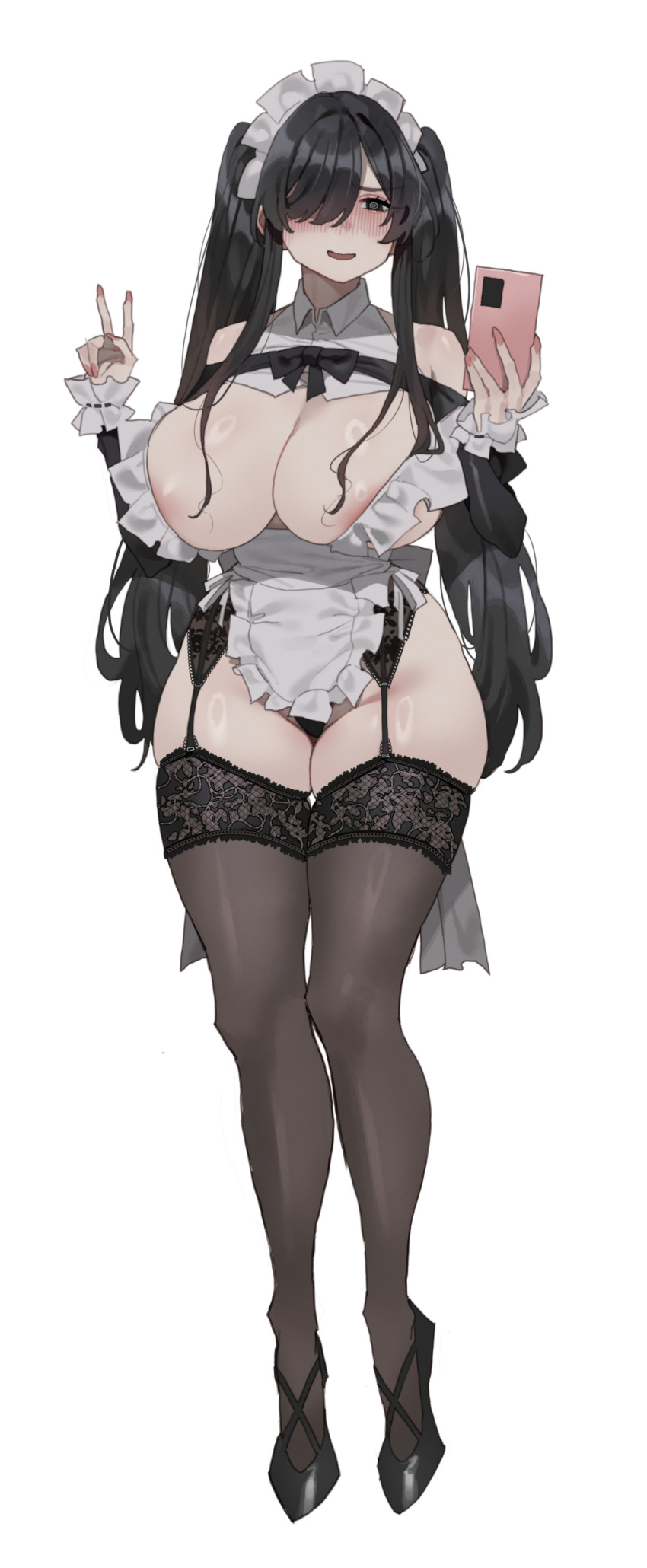 1girl absurdres apron areola_slip bare_shoulders black_eyes black_footwear black_garter_straps black_hair black_thighhighs blush breasts cellphone cleavage commentary_request full_body garter_straps hair_over_one_eye hands_up highres holding holding_phone korean_commentary large_breasts long_hair long_sleeves looking_at_viewer maid maid_headdress mimyo original phone simple_background smartphone smile solo thighhighs thighs twintails v white_apron white_background white_headwear