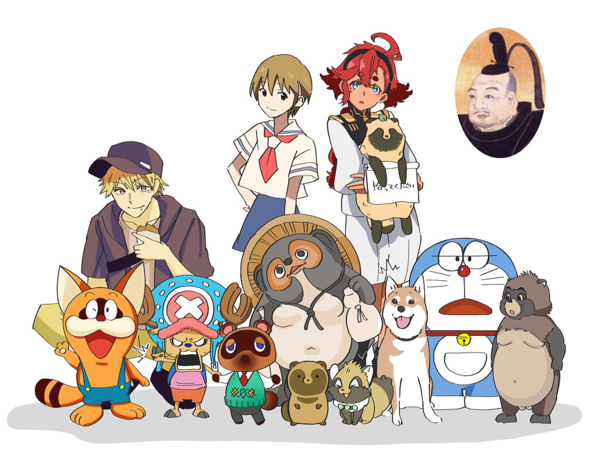 1boy 2girls angry animal blank_eyes blonde_hair blue_skirt brown_hair character_request commentary_request copyright_request crossover doraemon doraemon_(character) food gamigami_maou_(artist) gundam gundam_suisei_no_majo hat heisei_tanuki_gassen_ponpoko highres holding holding_animal holding_food lineup looking_at_viewer multiple_crossover multiple_girls one_eye_closed one_piece open_mouth overalls pokonyan pokonyan!_(series) raccoon red_hair robot school_uniform serafuku shiba_inu short_hair short_sleeves shorts simple_background sitting skirt standing suletta_mercury surprised tony_tony_chopper white_background white_shorts