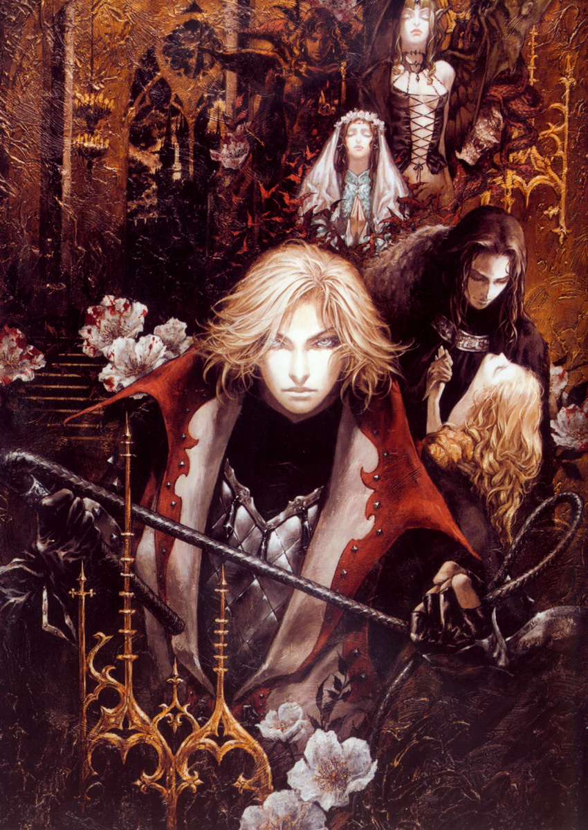 3girls androgynous blonde_hair blood castlevania castlevania:_lament_of_innocence charcoal_(medium) demon_girl elisabetha_cronqvist flower gorgon gothic highres kojima_ayami leon_belmondo mathias_cronqvist multiple_boys multiple_girls non-web_source official_art oil_painting_(medium) sara_trantoul scales succubus traditional_media whip