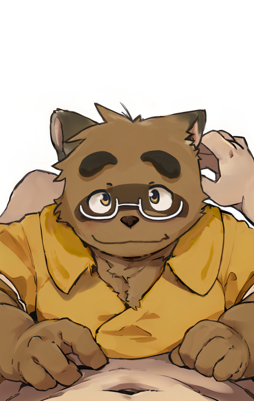 2024 4_fingers absurd_res anthro brown_body brown_fur canid canine clothing duo eyewear fingers fur glasses head_tuft hi_res human kounosuke_(morenatsu) looking_at_viewer male mammal mask morenatsu multicolored_body multicolored_fur navel orange_eyes raccoon_dog rui_owo shirt simple_background tanuki topwear tuft two_tone_body two_tone_fur white_background yellow_clothing yellow_shirt yellow_topwear