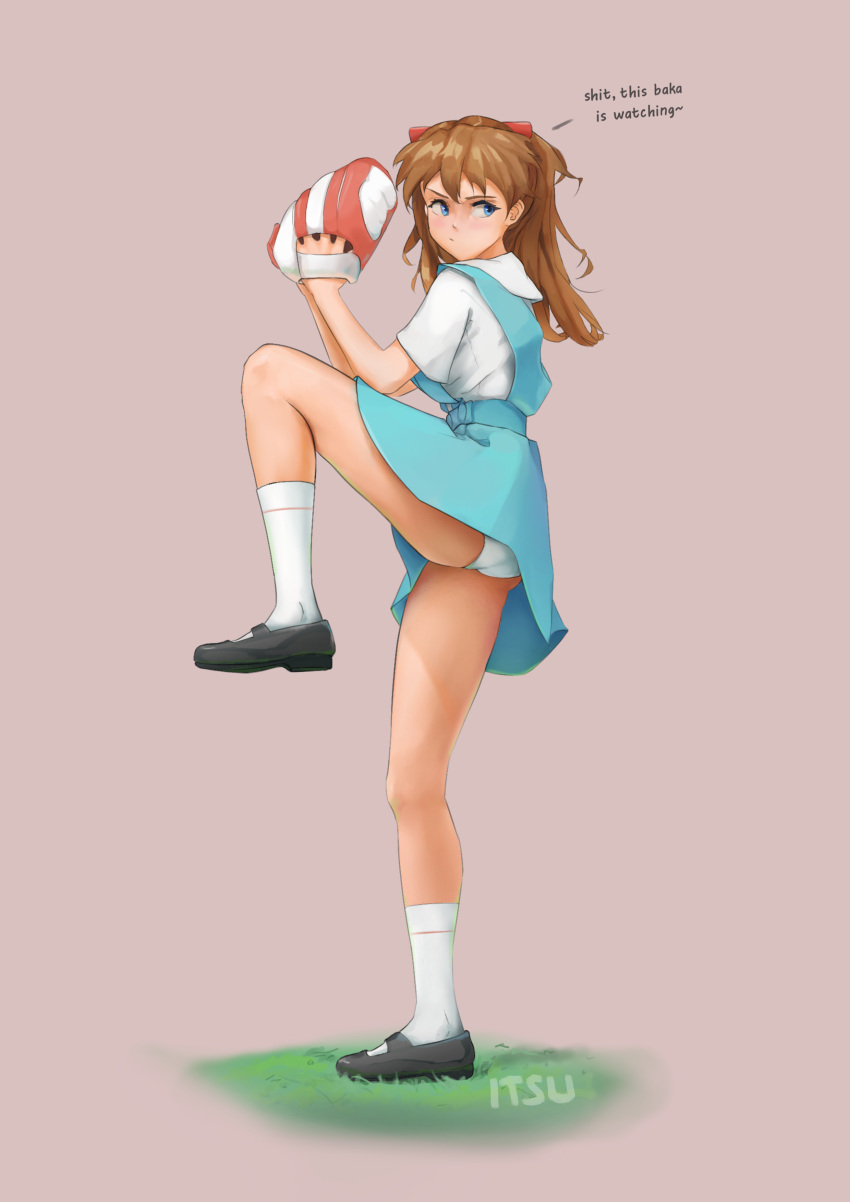 1girl absurdres ass blue_eyes brown_hair dress highres itsu kneehighs leg_up legs neon_genesis_evangelion non-web_source panties panty_peek peeking school_uniform shoes skirt socks solo souryuu_asuka_langley standing standing_on_one_leg thighs underwear white_panties