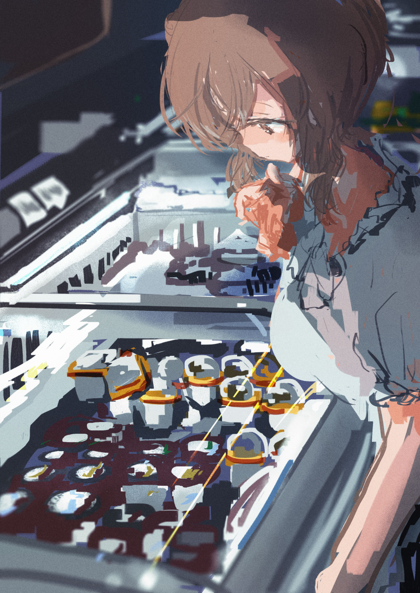 1girl absurdres breasts brown_eyes brown_hair cevio closed_eyes commentary_request dress film_grain freezer from_side hand_up highres ice_cream_cup indoors kabuyama_kaigi large_breasts looking_at_food looking_down profile satou_sasara short_sleeves solo thinking underlighting upper_body white_dress