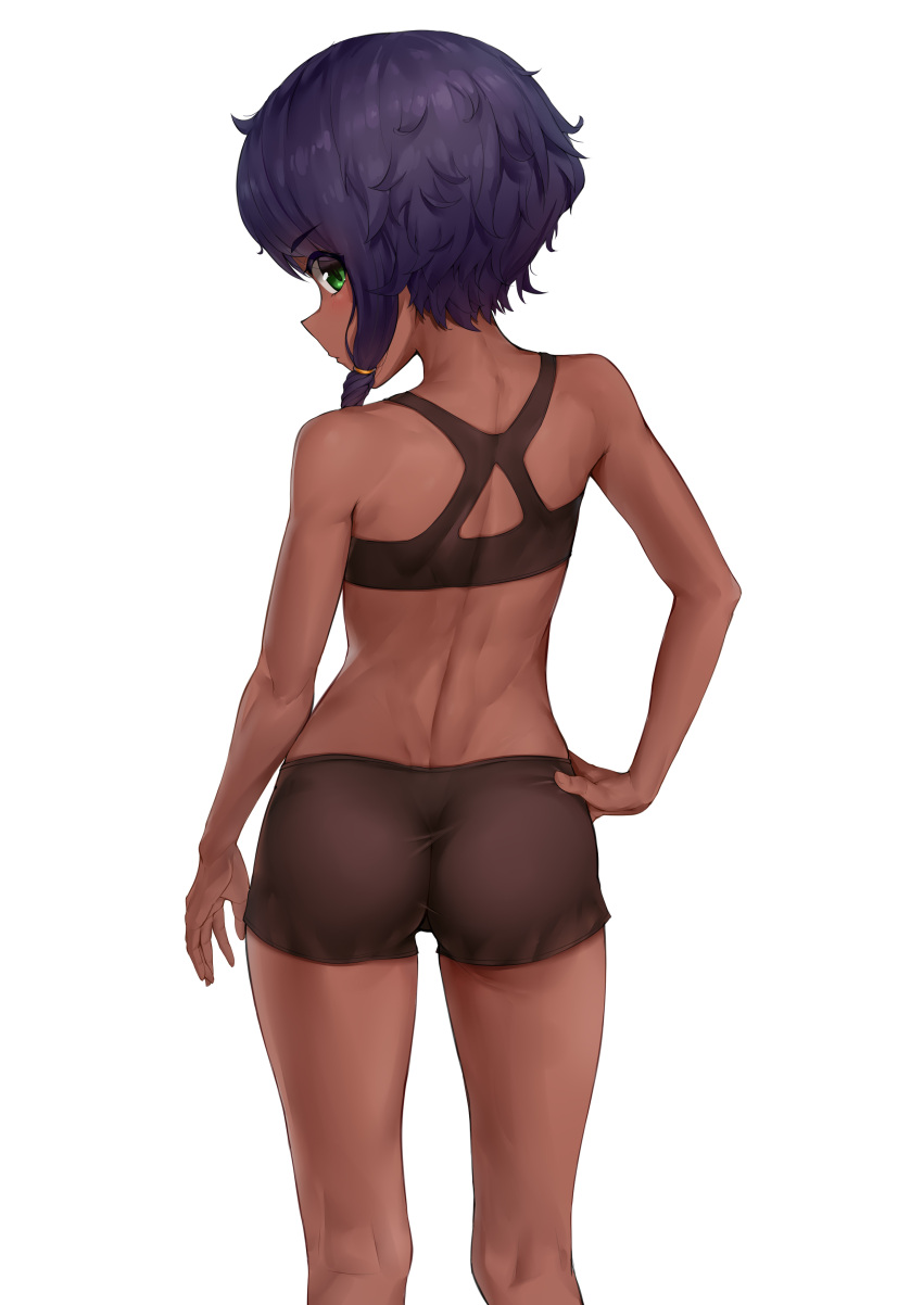 1girl absurdres alice_gear_aegis aomoro ass back braid brown_shorts brown_sports_bra dark-skinned_female dark_skin facing_away green_eyes hand_on_own_hip highres looking_back purple_hair see-through see-through_shorts see-through_sports_bra shanti_rana short_hair short_shorts shorts side_braid simple_background sports_bra white_background