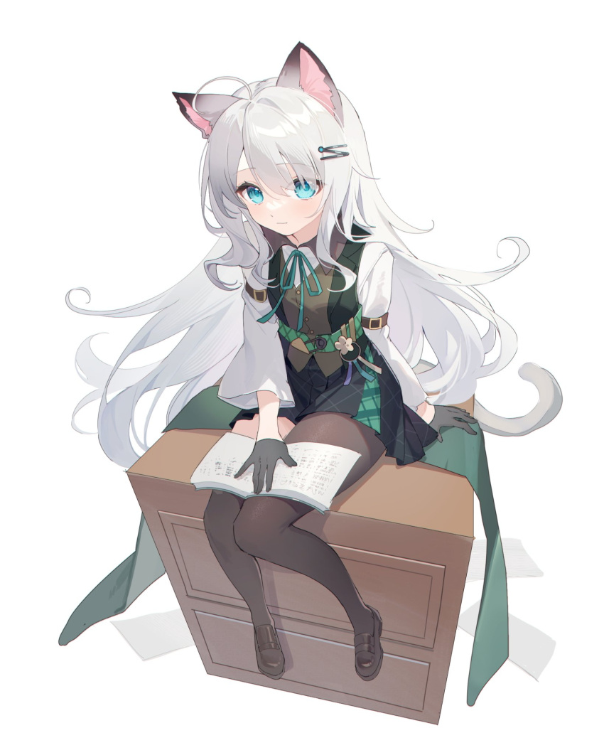 1girl ahoge animal_ears arknights black_footwear black_gloves black_pantyhose black_skirt black_thighhighs blue_eyes book brown_vest cat_ears cat_girl cat_tail closed_mouth collared_shirt drawer full_body gloves green_jacket green_ribbon hair_ornament hairclip highres jacket long_hair mint_(arknights) mint_(private_study)_(arknights) neck_ribbon official_alternate_costume open_book pantyhose pleated_skirt ribbon shirt simple_background single_leg_pantyhose single_thighhigh skirt sleeveless sleeveless_jacket solo tail thighhighs vest white_background white_hair white_shirt yunweishukuang