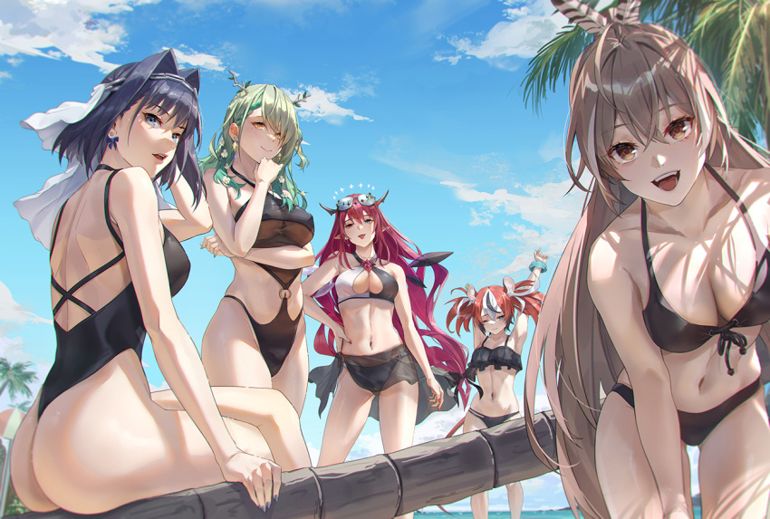 5girls :d alternate_costume animal_ears antlers ass beach beach_umbrella bikini black_bikini black_hair black_one-piece_swimsuit black_sarong blue_eyes blue_nails blue_sky breasts brown_eyes brown_hair ceres_fauna cleavage cloud collarbone criss-cross_halter crossed_bangs crossed_legs dappled_sunlight day demon_girl demon_horns drop_earrings earrings english_commentary eyewear_on_head feather_hair_ornament feathers flower gradient_hair green_hair green_nails hair_between_eyes hair_flower hair_intakes hair_ornament hakos_baelz halo halterneck hand_on_own_hip heterochromia highleg highleg_swimsuit holocouncil hololive hololive_english horns irys_(hololive) jewelry large_breasts leaning_forward long_hair looking_at_viewer medium_breasts mouse_ears mouse_girl mouse_tail multicolored_hair multiple_girls nanashi_mumei navel o-ring o-ring_swimsuit one-piece_swimsuit one_eye_closed ouro_kronii outdoors palm_tree pink_eyes pink_hair pink_nails pointy_ears ponytail purple_eyes red_hair sarong short_hair sky smile streaked_hair stretching sunglasses sunlight swimsuit tail tight_(ohmygod) tree two-tone_bikini umbrella very_long_hair virtual_youtuber white_bikini white_hair white_headdress yellow_eyes