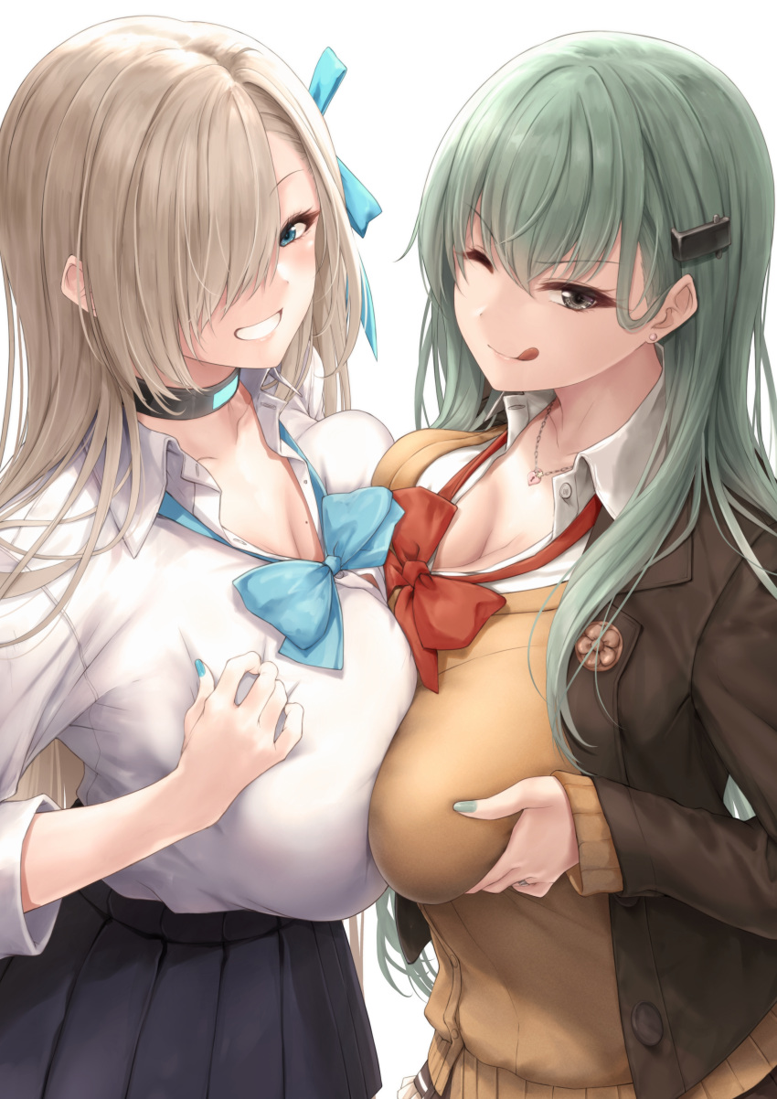 2girls ;q absurdres asuna_(blue_archive) black_choker black_skirt blonde_hair blue_archive blue_eyes blue_ribbon breast_press breasts choker cleavage closed_mouth collarbone collared_shirt commentary_request green_hair grey_eyes hair_ornament hair_over_one_eye hair_ribbon highres jewelry kantai_collection large_breasts long_hair long_sleeves looking_at_viewer mole mole_on_breast multiple_girls necklace one_eye_closed one_eye_covered parted_lips pleated_skirt ribbon shirt shirt_tucked_in simple_background skirt smile suien suzuya_(kancolle) symmetrical_docking teeth tongue tongue_out white_background white_shirt