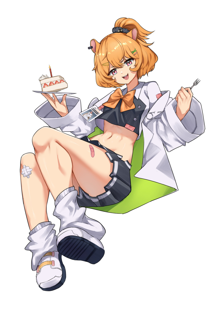 1girl :3 absurdres animal_ears baggy_socks bandaid bandaid_on_leg bow bowtie cake cake_slice candle crop_top crop_top_overhang eimi_isami food fork full_body hair_between_eyes hair_ornament hair_scrunchie hairclip hamster_ears hamster_girl highres holding holding_fork id_card lab_coat linea_alba long_sleeves looking_at_viewer mchiefy medium_hair midriff miniskirt navel orange_bow orange_bowtie phase_connect pink_eyes pleated_skirt safety_pin scrunchie shoes side_ponytail simple_background skirt smile sneakers socks solo stomach two-sided_fabric virtual_youtuber white_background white_socks