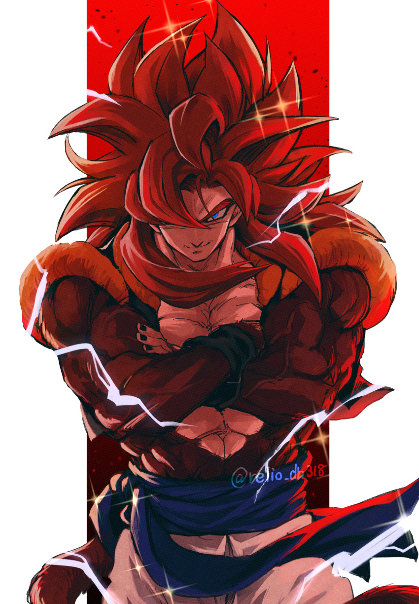 1boy absurdres biceps black_wristband blue_eyes blue_sash body_fur dragon_ball dragon_ball_gt gogeta highres looking_at_viewer male_focus metamoran_vest monkey_boy monkey_tail muscular muscular_male no_nipples pants pectorals red_fur red_hair relio_db318 sash simple_background smile solo spiked_hair super_saiyan super_saiyan_4 tail veins veiny_hands white_pants