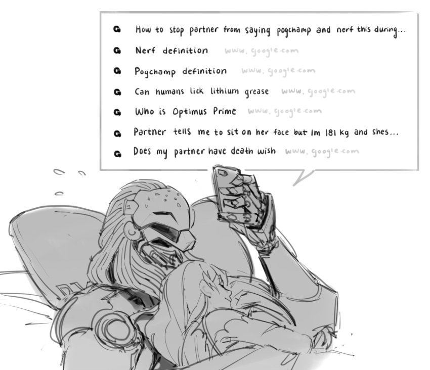 1boy 1girl cellphone commentary couple d.va_(overwatch) english_commentary english_text google height_difference hetero holding holding_phone implied_after_sex long_hair mechanical_hands monochrome omnic overwatch overwatch_2 phone pillow ramattra_(overwatch) searching sketch sleeping sleeping_on_person smartphone velinxi wall_of_text