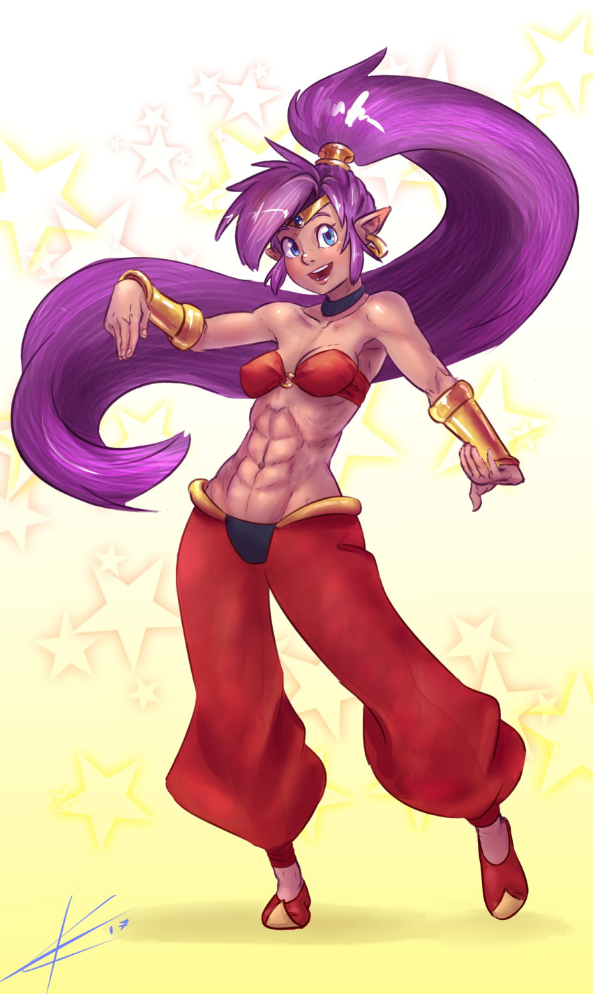 abs blue_eyes breasts clothing ear_piercing ear_ring eltonel female footwear genie hair hi_res humanoid humanoid_pointy_ears long_hair looking_at_viewer muscular muscular_female muscular_humanoid not_furry open_mouth open_smile piercing ponytail purple_hair ring_piercing shantae shantae_(series) shoes simple_background smile solo wayforward