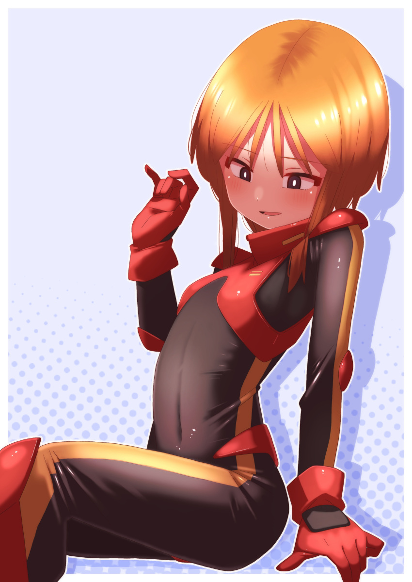 1girl absurdres black_bodysuit black_eyes blue_background blush bodysuit border bright_pupils covered_navel elbow_pads gloves gundam gundam_zz halftone halftone_background highres normal_suit onimaru_(onimal7802) open_mouth orange_hair outside_border puru_two shadow short_hair_with_long_locks shoulder_pads sitting smile solo stomach white_border white_pupils