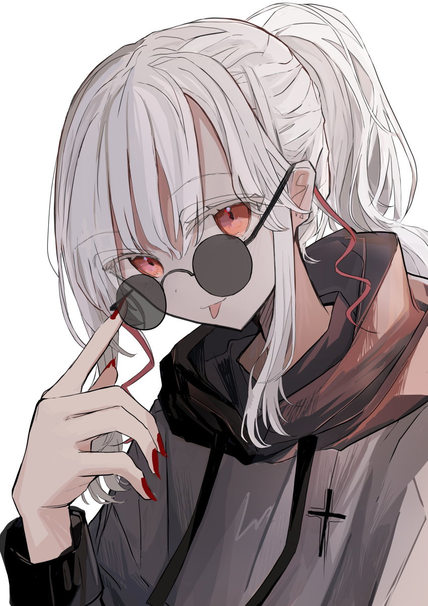 1girl absurdres creator_if cross highres hood hoodie looking_at_viewer original ponytail red_eyes red_nails simple_background sunglasses tongue tongue_out white_hair