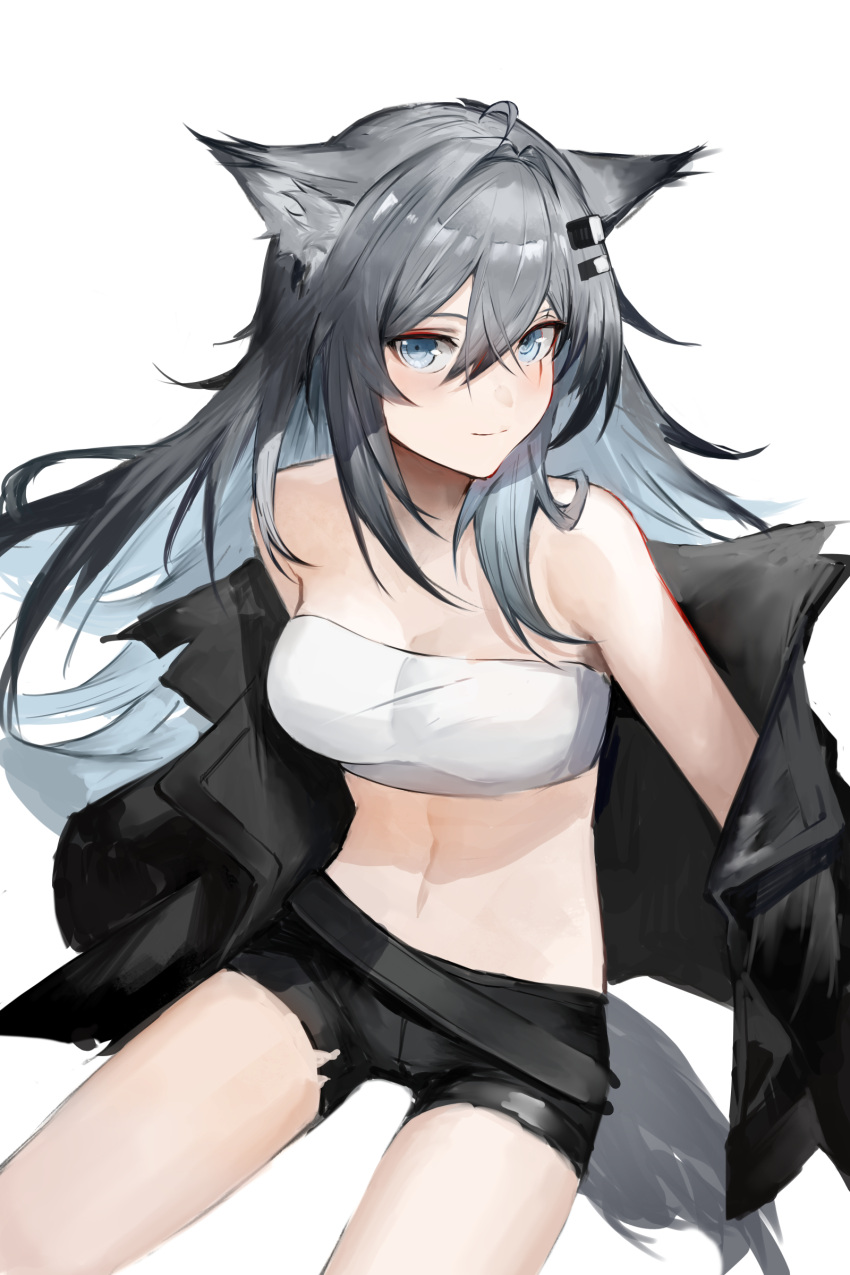 1girl absurdres ahoge animal_ear_fluff animal_ears arknights bandeau bare_shoulders belt black_belt black_jacket black_shorts blue_eyes blue_hair breasts cleavage closed_mouth colored_inner_hair commentary cowboy_shot from_above grey_hair grey_tail hair_between_eyes hair_flowing_over hair_intakes hair_ornament hairclip highres invisible_floor jacket lappland_(arknights) light_blue_hair light_smile long_bangs long_hair long_sleeves looking_at_viewer looking_to_the_side looking_up medium_breasts messy_hair midriff multicolored_hair navel open_clothes open_jacket s_4ik4 scar scar_across_eye scar_on_face shadow short_shorts shorts simple_background sitting sleeves_past_fingers sleeves_past_wrists solo stomach strapless tail thighs torn_clothes torn_jacket torn_shorts tube_top turning_head two-tone_hair unworn_jacket very_long_hair white_background white_bandeau wolf_ears wolf_girl wolf_tail