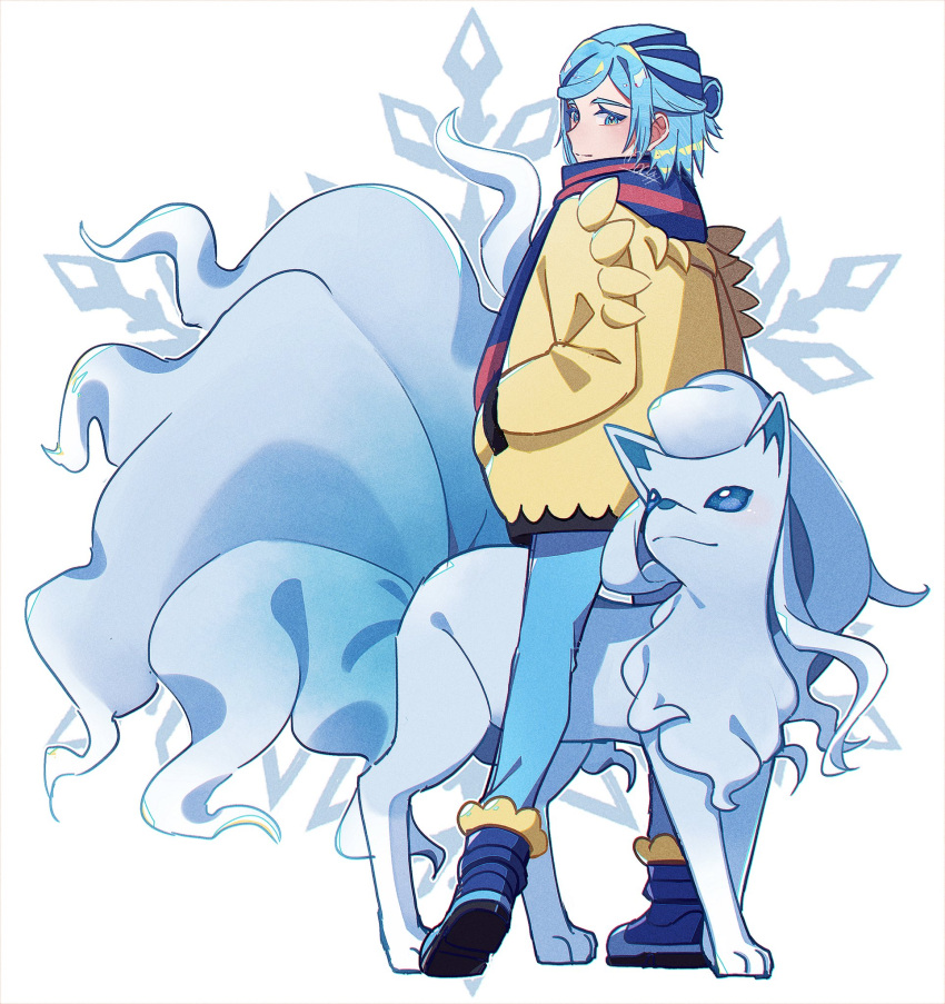 1boy alolan_ninetales aqua_eyes aqua_hair aqua_pants blue_footwear blue_scarf boots closed_mouth commentary_request eyelashes grusha_(pokemon) hand_in_pocket highres jacket male_focus mocacoffee_1001 pants pokemon pokemon_(creature) pokemon_sv scarf signature smile standing striped striped_scarf white_background yellow_jacket