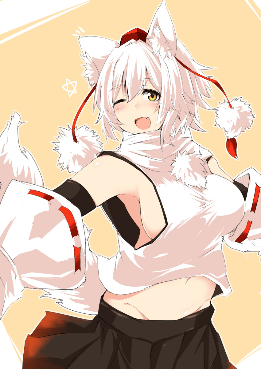 absurdres animal_ear_fluff animal_ears black_skirt breasts detached_sleeves groin hat highres houkai_(collapse_illust) inubashiri_momiji large_breasts looking_at_viewer navel one_eye_closed pom_pom_(clothes) red_headwear ribbon-trimmed_sleeves ribbon_trim shirt sideboob skirt tail tokin_hat touhou white_hair white_shirt wolf_ears wolf_girl wolf_tail yellow_background