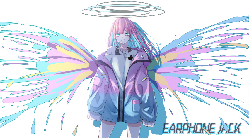 1girl absurdres angel angel_wings bare_legs black_undershirt blue_eyes blue_hair blue_halo colored_inner_hair copyright_request earbuds earphones english_commentary english_text halo heart highres jacket light_blue_hair light_blue_jacket long_hair looking_at_viewer mnetyara multicolored_hair multicolored_wings open_clothes open_jacket original pink_hair pink_jacket shirt single_bare_shoulder sleeves_past_fingers sleeves_past_wrists smile solo standing white_shirt wings