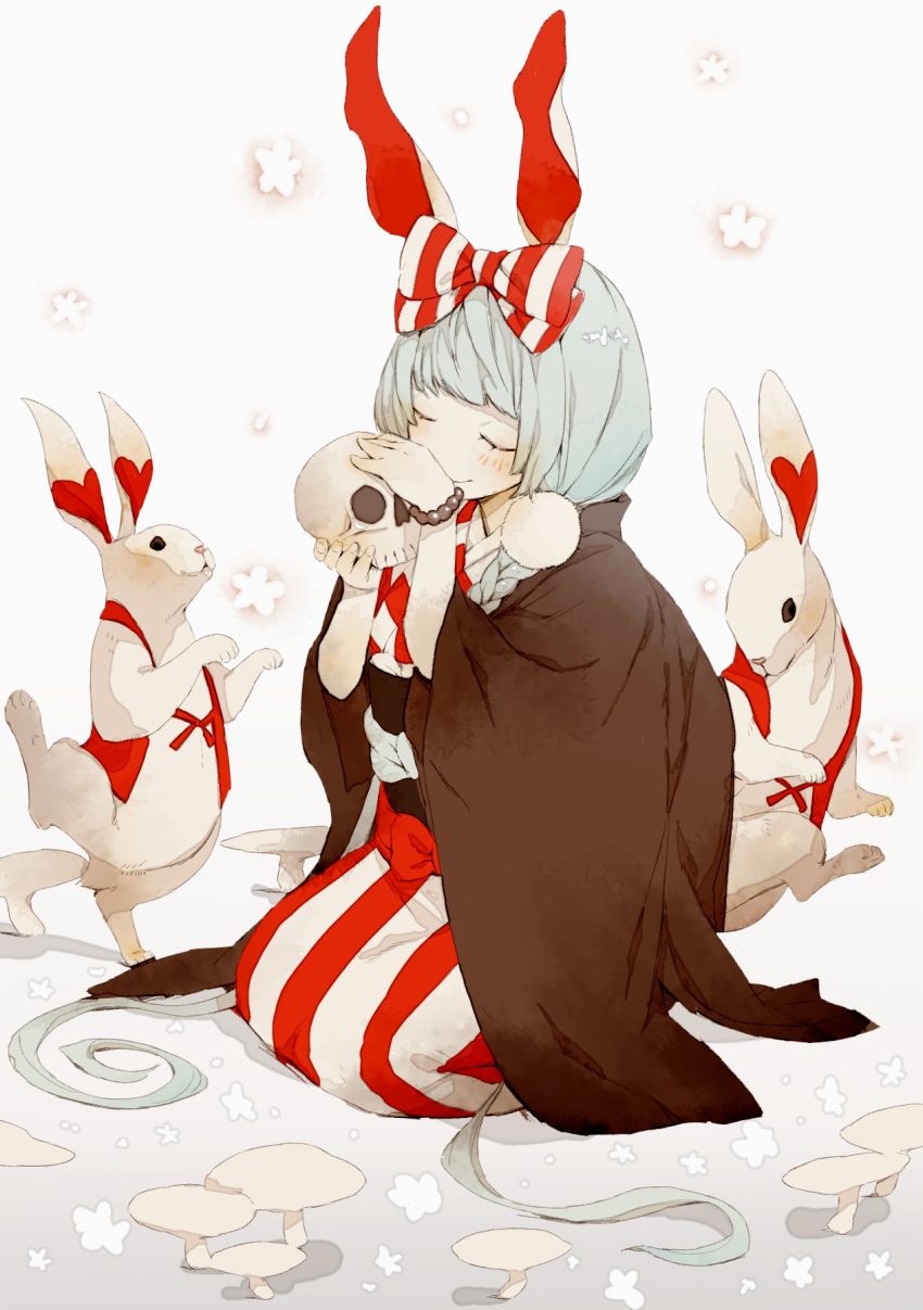 1girl animal animal_ears bead_bracelet beads blush bow bracelet braid cloak closed_eyes hair_bow hair_ornament highres holding holding_skull japanese_clothes jewelry kicho_(muzao) kimono kneeling long_hair low_twintails mushroom obi original pom_pom_(clothes) pom_pom_hair_ornament rabbit rabbit_ears rabbit_girl sash seiza sitting skull smile solo striped striped_kimono twin_braids twintails very_long_hair