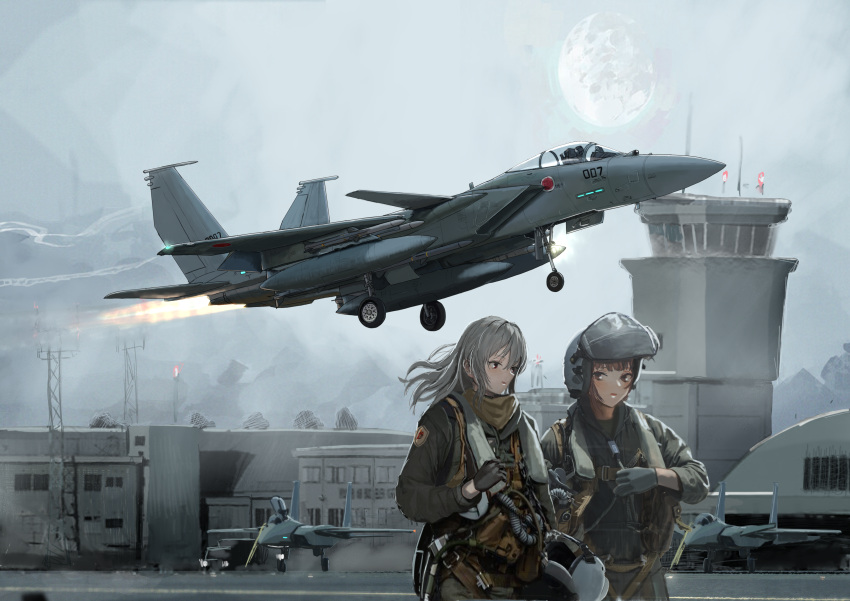 2girls absurdres afterburner aircraft airplane commentary drop_tank f-15_eagle fighter_jet flying fog full_moon highres insignia japan_air_self-defense_force japan_self-defense_force jet jet_engine kidou_keisatsu_patlabor military military_base military_vehicle mirroraptor moon multiple_aircraft multiple_girls pilot pilot_helmet pilot_suit roundel taking_off tower