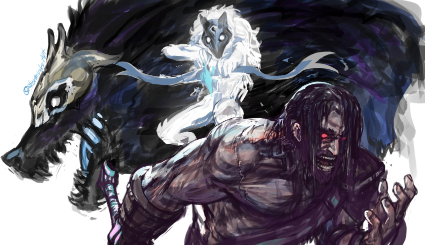 1boy 1girl artist_name black_hair body_fur bow_(weapon) furry furry_female glowing glowing_eyes highres holding holding_bow_(weapon) holding_weapon kindred_(league_of_legends) lamb_(league_of_legends) league_of_legends looking_at_viewer mask muscular muscular_male red_eyes sharp_teeth short_hair stormriderart teeth tryndamere weapon white_fur wolf_(league_of_legends)