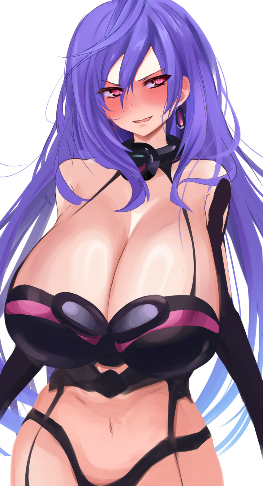 1girl alternate_breast_size bare_shoulders braid breasts hair_between_eyes hair_ornament highres huge_breasts iris_heart kami_jigen_game_neptune_v long_hair looking_at_viewer misaki_(nounaikakusan) navel neptune_(series) purple_hair red_eyes single_braid symbol-shaped_pupils very_long_hair