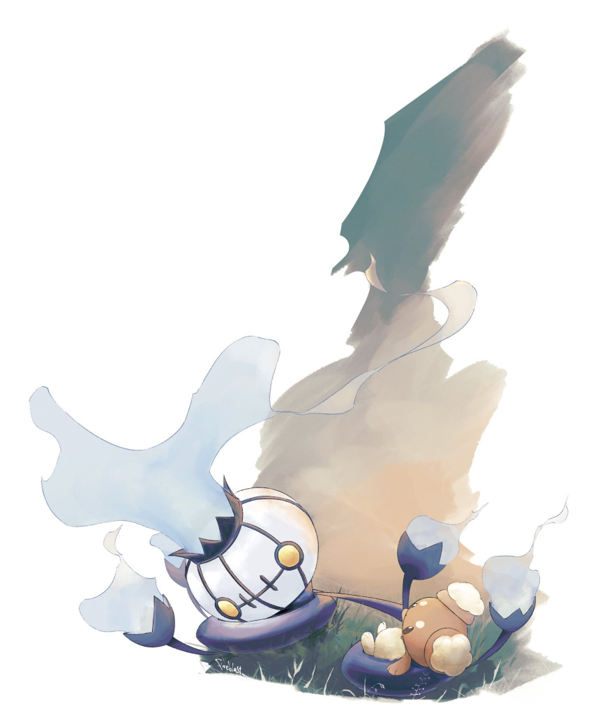 artist_name black_eyes blue_fire brown_fur buneary chandelure fire fireblast highres no_humans on_grass pokemon pokemon_(creature) rabbit simple_background sitting twitter_username white_background yellow_eyes