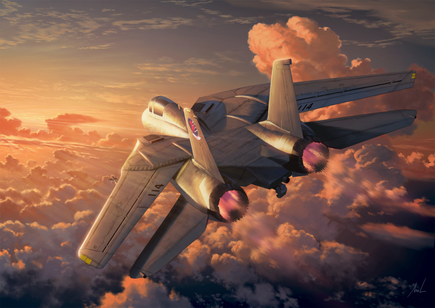 afterburner aircraft airplane canopy_(aircraft) cloud evening f-14_tomcat fighter_jet highres isaf jet mac_naut military_vehicle scenery sky top_gun twilight