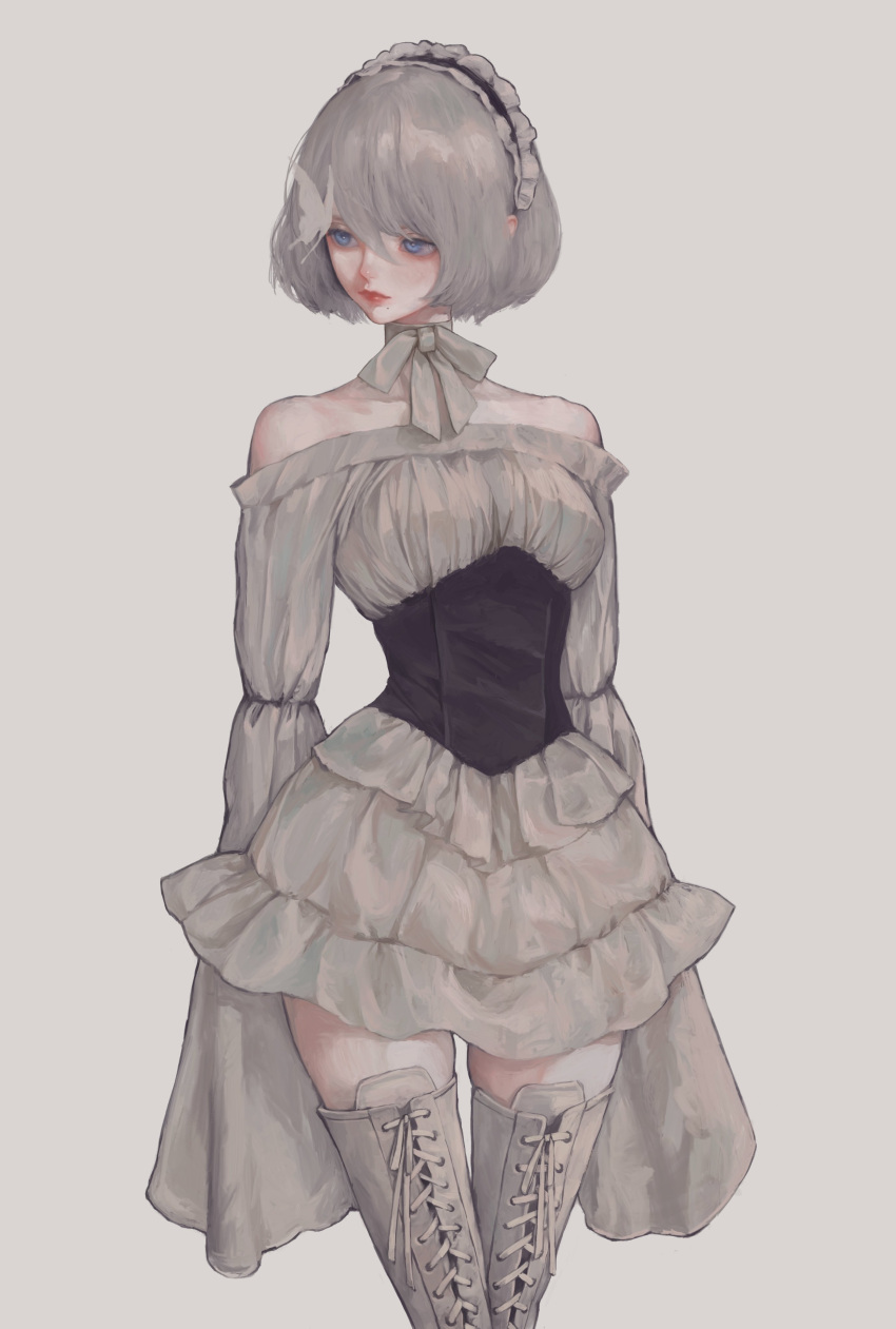 12yun30 1girl 2b_(nier:automata) absurdres alternate_costume bare_shoulders blue_eyes boots bug butterfly choker commentary cowboy_shot cross-laced_footwear dress expressionless frilled_hairband frills grey_background grey_hair hairband highres looking_to_the_side mole mole_under_mouth nier:automata nier_(series) no_mask off-shoulder_dress off_shoulder ribbon_choker short_hair simple_background sleeves_past_fingers sleeves_past_wrists solo thigh_boots