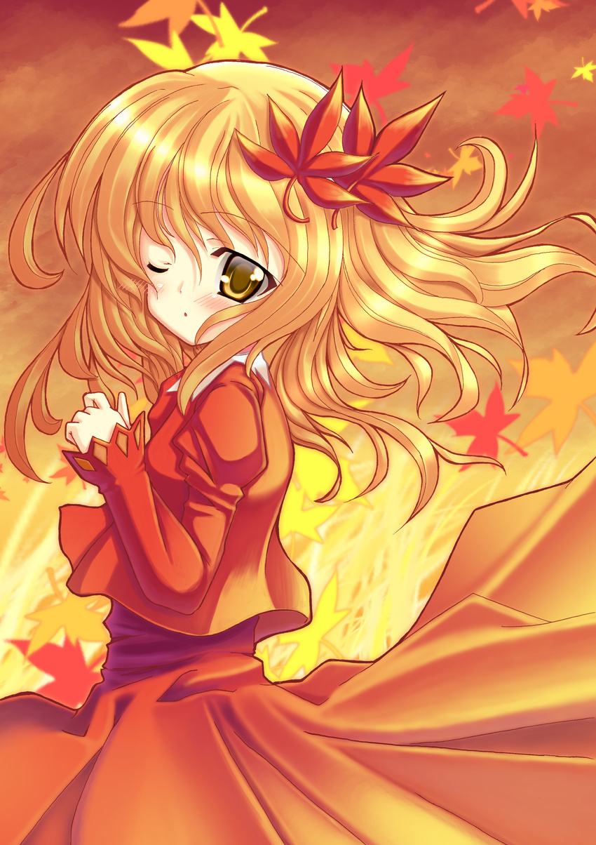 absurdres aki_shizuha autumn bad_id bad_pixiv_id blonde_hair blush colorized gossun hair_ornament highres leaf leaf_hair_ornament maple_leaf one_eye_closed short_hair solo touhou vi_(ena0930) yellow_eyes