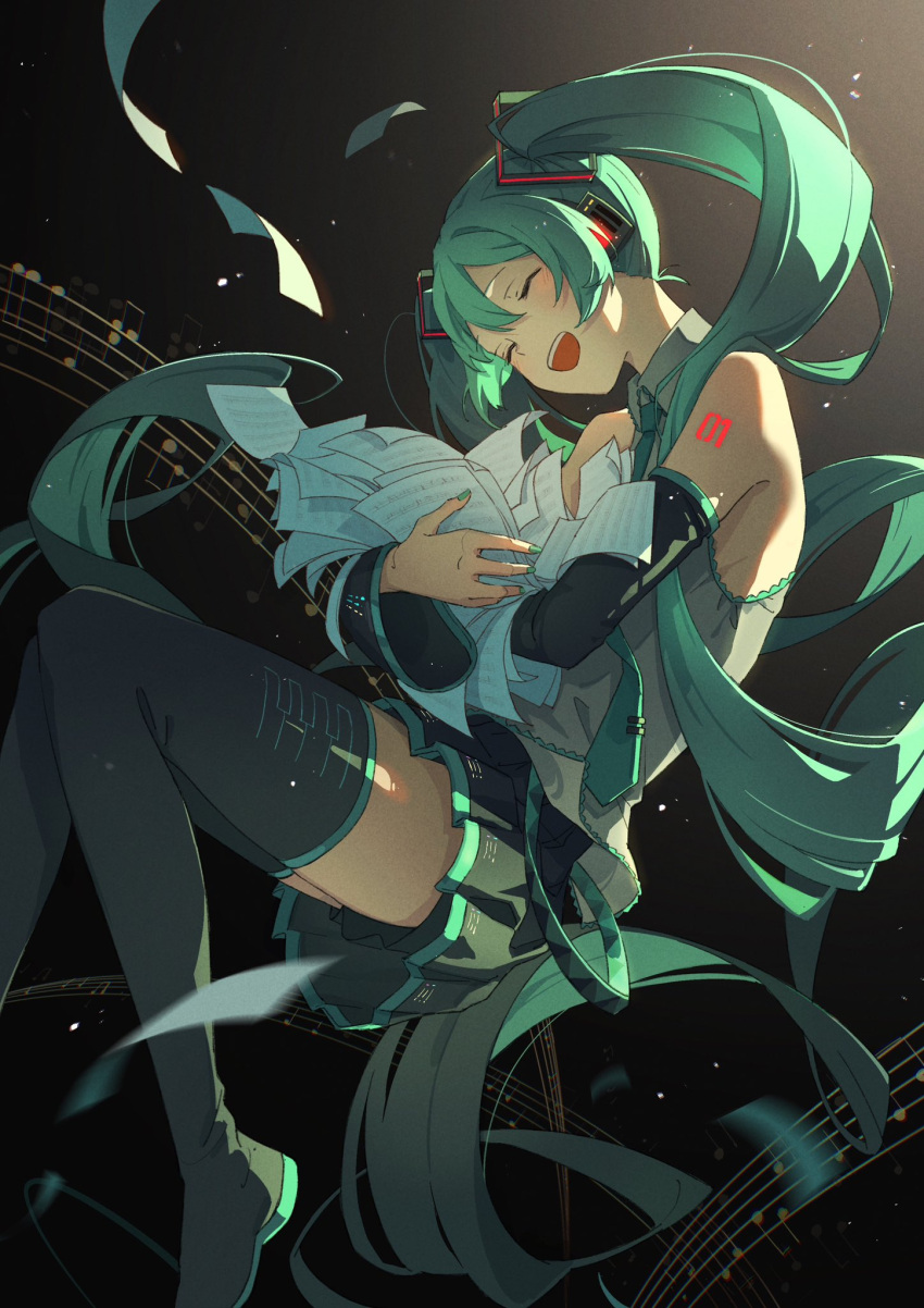 1girl :d aqua_hair aqua_necktie black_footwear black_skirt black_sleeves black_thighhighs boots closed_eyes commentary_request detached_sleeves flying_paper grey_shirt happy hatsune_miku headphones highres holding holding_paper hugging_object long_hair mele_ck necktie open_mouth paper shirt skirt sleeveless sleeveless_shirt smile solo teeth thigh_boots thighhighs twintails upper_teeth_only very_long_hair vocaloid