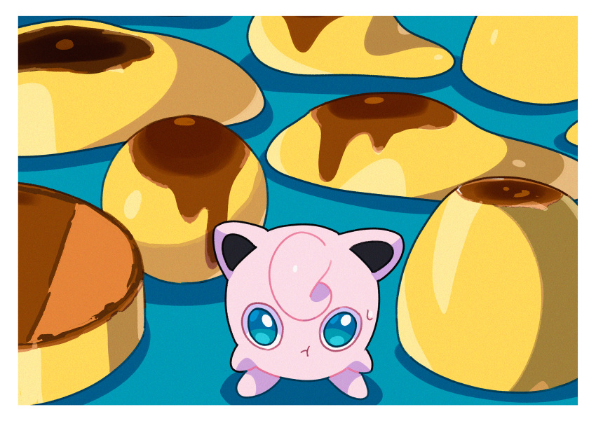 :t absurdres border closed_mouth commentary food green_eyes highres jigglypuff no_humans pokemon pokemon_(creature) pudding saiku_(zvlku) solo standing sweatdrop white_border