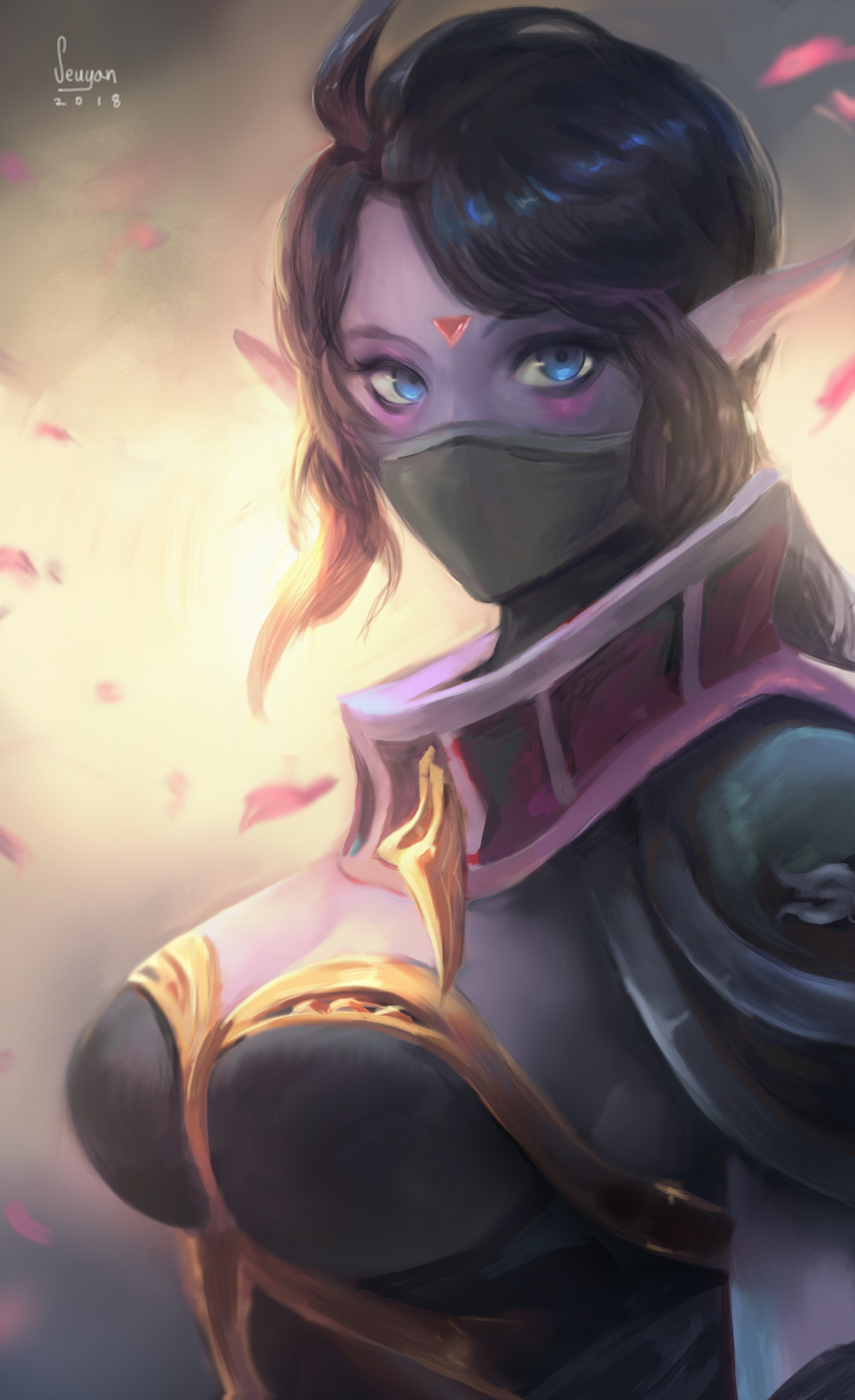 1girl 2018 absurdres armor artist_name black_hair blue_eyes breasts cleavage colored_skin commission dota_(series) dota_2 english_text facepaint highres long_hair looking_at_viewer mask medium_breasts mouth_mask ninja ninja_mask pauldrons petals pink_skin pointy_ears ponytail seuyan shoulder_armor signature solo templar_assassin_(dota) upper_body