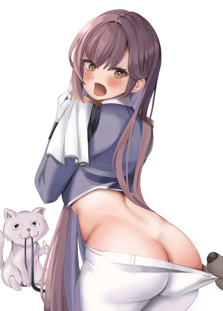 1girl absurdres ass belt black_belt black_jacket blush brown_eyes brown_hair cat clothes_pull commentary_request cowboy_shot crop_top cropped_jacket dog epaulettes gloves goddess_of_victory:_nikke hair_between_eyes hands_up highres jacket legendary_beam long_hair marciana_(nikke) military_jacket military_uniform open_mouth pants pants_pull pulled_by_another sidelocks simple_background standing thumbs_up tight_clothes tight_pants uniform unworn_belt very_long_hair white_background white_gloves white_pants