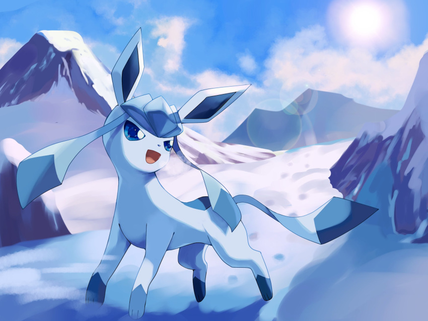animal_focus artist_name blue_eyes blue_skin blue_sky bright_pupils cloud colored_skin commentary_request glaceon highres no_humans outdoors pokemon pokemon_(creature) prehensile_ribbon rongai28 sky snow sun tail twitter_username