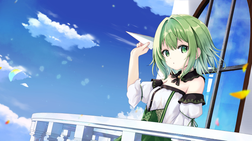 1girl abc_cherry absurdres balcony day detached_collar detached_sleeves dress green_eyes gumi highres holding_paper_airplane looking_at_viewer outdoors paper_airplane parted_lips railing short_hair sky solo strapless strapless_dress vocaloid window