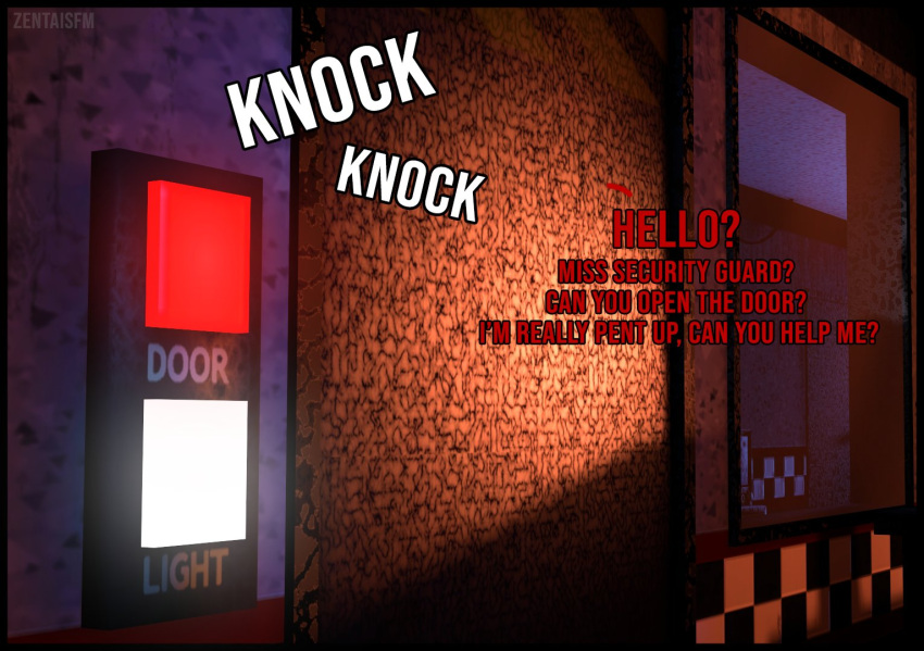 2021 3d_(artwork) checkered_wall digital_media_(artwork) door english_text five_nights_at_freddy's inside metal_door not_furry offscreen_character question red_text scottgames source_filmmaker text window zentaisfm zero_pictured