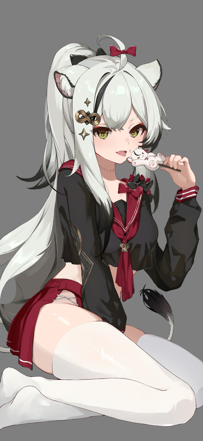 1girl absurdres ahoge animal_ear_fluff animal_ears between_legs black_bow bow colored_inner_animal_ears crop_top daqi_sama double-parted_bangs green_eyes grey_background grey_hair hair_between_eyes hair_bow hair_ornament hand_between_legs highres holding lion_ears lion_girl lion_tail long_hair long_sleeves looking_at_viewer microskirt multicolored_hair multiple_hair_bows original ponytail red_bow red_sailor_collar red_skirt sailor_collar school_uniform serafuku simple_background skirt solo streaked_hair tail thighhighs very_long_hair white_thighhighs