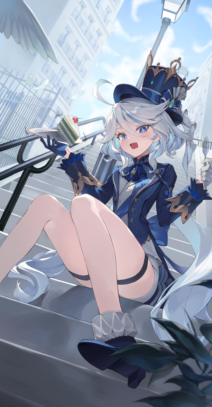 1girl absurdres ahoge ascot asymmetrical_gloves black_gloves blue_brooch blue_eyes blue_hair blue_headwear blue_jacket cake cake_slice drop-shaped_pupils fang food furina_(genshin_impact) genshin_impact gloves hair_between_eyes hat heterochromia highres jacket left-handed light_blue_hair lilithmy long_hair long_sleeves looking_at_viewer mismatched_gloves multicolored_hair open_mouth shorts skin_fang solo streaked_hair thighs top_hat white_gloves white_hair white_shorts