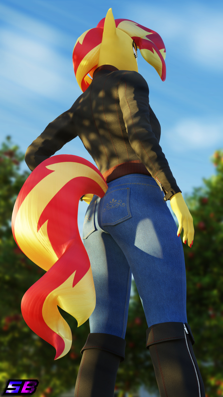 3d_(artwork) absurd_res anthro boots bottomwear butt clothing denim denim_bottomwear denim_clothing digital_media_(artwork) equestria_girls equid equine female footwear furgonomics hasbro hi_res horn jacket jeans knee_boots knee_highs legwear low-angle_view mammal my_little_pony pants rear_view shadowboltsfm solo sunset_shimmer_(eg) topwear unicorn